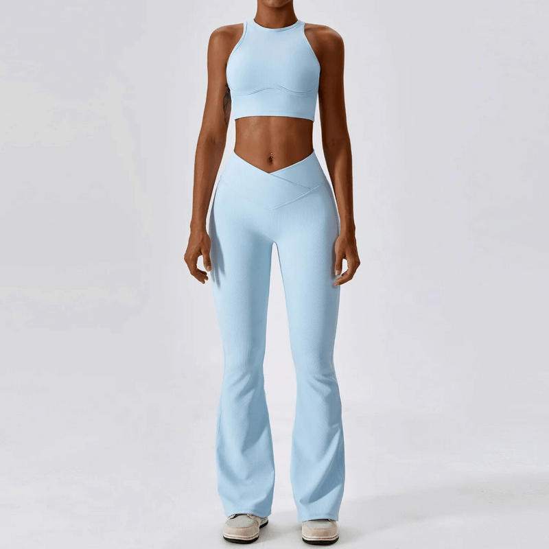 Sleek Women's Push-Up Sports Bra and Ribbed Cross Leggings Set in Light Blue for Active Lifestyle – SF1722